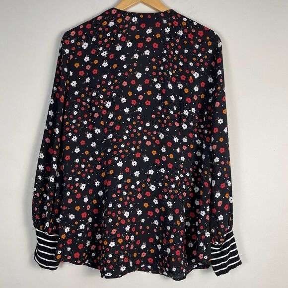 Cabi Floral Print Full Button Down Top Size XL Mixed Media Striped Jersey Cuff - Picture 5 of 9